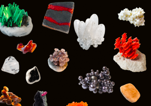 A close up of a poster of fake rocks and minerals